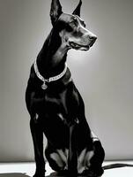 gelukkig doberman pinscher hond zwart en wit monochroom foto in studio verlichting