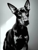 gelukkig doberman pinscher hond zwart en wit monochroom foto in studio verlichting