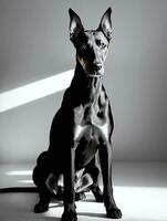 gelukkig doberman pinscher hond zwart en wit monochroom foto in studio verlichting