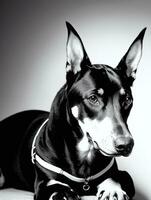 gelukkig doberman pinscher hond zwart en wit monochroom foto in studio verlichting