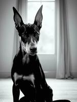 gelukkig doberman pinscher hond zwart en wit monochroom foto in studio verlichting