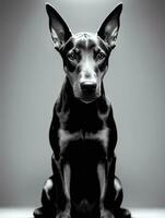 gelukkig doberman pinscher hond zwart en wit monochroom foto in studio verlichting