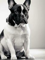 gelukkig Frans bulldog zwart en wit monochroom foto in studio verlichting