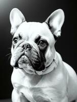gelukkig Frans bulldog zwart en wit monochroom foto in studio verlichting