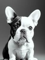 gelukkig Frans bulldog zwart en wit monochroom foto in studio verlichting