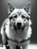 gelukkig Duitse herder hond zwart en wit monochroom foto in studio verlichting