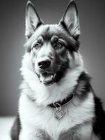 gelukkig Duitse herder hond zwart en wit monochroom foto in studio verlichting