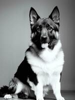 gelukkig Duitse herder hond zwart en wit monochroom foto in studio verlichting