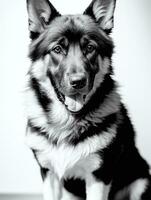 gelukkig Duitse herder hond zwart en wit monochroom foto in studio verlichting