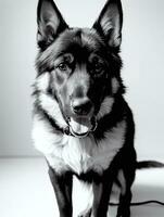 gelukkig Duitse herder hond zwart en wit monochroom foto in studio verlichting