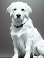 gelukkig gouden retriever hond zwart en wit monochroom foto in studio verlichting