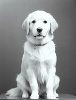 gelukkig gouden retriever hond zwart en wit monochroom foto in studio verlichting