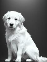 gelukkig gouden retriever hond zwart en wit monochroom foto in studio verlichting