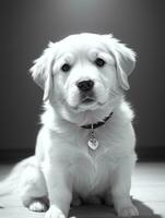 gelukkig gouden retriever hond zwart en wit monochroom foto in studio verlichting