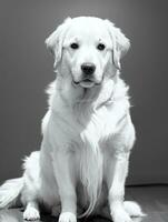 gelukkig gouden retriever hond zwart en wit monochroom foto in studio verlichting