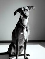 gelukkig windhond hond zwart en wit monochroom foto in studio verlichting