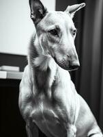 gelukkig windhond hond zwart en wit monochroom foto in studio verlichting