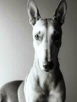 gelukkig windhond hond zwart en wit monochroom foto in studio verlichting