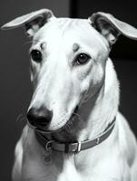 gelukkig windhond hond zwart en wit monochroom foto in studio verlichting