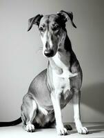 gelukkig windhond hond zwart en wit monochroom foto in studio verlichting