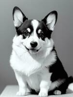 gelukkig pembroke welsh corgi hond zwart en wit monochroom foto in studio verlichting