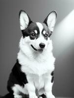 gelukkig pembroke welsh corgi hond zwart en wit monochroom foto in studio verlichting