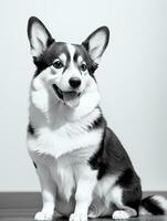 gelukkig pembroke welsh corgi hond zwart en wit monochroom foto in studio verlichting