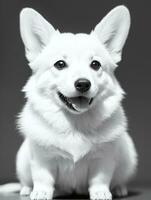 gelukkig pembroke welsh corgi hond zwart en wit monochroom foto in studio verlichting