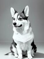 gelukkig pembroke welsh corgi hond zwart en wit monochroom foto in studio verlichting