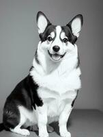 gelukkig pembroke welsh corgi hond zwart en wit monochroom foto in studio verlichting