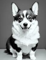 gelukkig pembroke welsh corgi hond zwart en wit monochroom foto in studio verlichting