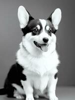 gelukkig pembroke welsh corgi hond zwart en wit monochroom foto in studio verlichting