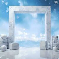 ai gegenereerd winter vitrine gemaakt van blauw lucht marmeren steen, leeg ruimte met sneeuwvlokken naar beneden van de lucht foto