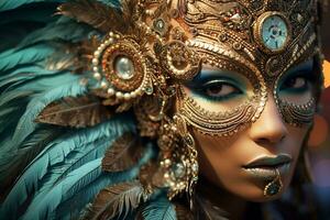 detailopname schot van een carnaval performer vervelend een ingewikkeld en overladen kostuum foto