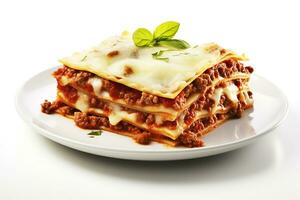 klassiek Italiaans lasagne, markeren lagen van pasta, rijk vlees saus, romig bechamel, en gesmolten kaas foto