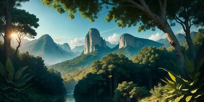landschap, groen zomer oerwoud in de bergen. generatief ai foto