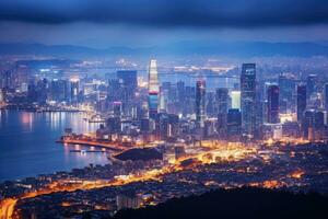 hong Kong stadsgezicht Bij nacht, China. visie van Victoria piek, Seoel horizon, ai gegenereerd foto