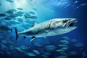 barracuda zwemmen in de blauw oceaan met school- van vis in de omgeving van, school- van barracuda in de rood zee. Egypte. Afrika, ai gegenereerd foto