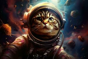 grappig kat astronaut in ruimtepak Aan ruimte achtergrond met planeten en sterren, wetenschap fictie ruimte behang met kat astronaut, ai gegenereerd foto