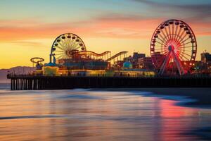 de kerstman monica pier Bij zonsondergang, los engelen, Californië, Verenigde Staten van Amerika, de kerstman monica pier Bij zonsondergang, ai gegenereerd foto