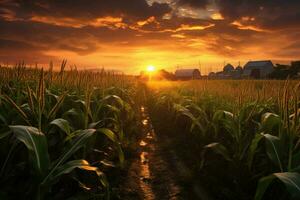 zonsondergang over- maïs veld- met klein dorp Aan de achtergrond in zomer, recreatie artistiek van maïsveld met maïs planten Bij zonsondergang, ai gegenereerd foto