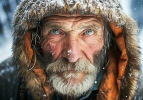 portret van ouderen Mens met baard. warm hoed en vallend sneeuw. winter tijd. ai gegenereerd foto