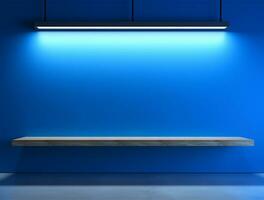 leeg blauw neon licht modern interieur muur achtergrond voorkant visie ai gegenereerd foto