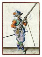 soldaat Aan bewaker Holding zijn musket met zijn Rechtsaf hand- gekantelde omhoog, terwijl plaatsen de vat Aan zijn furket met zijn links hand- foto