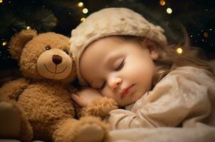 een weinig meisje slaapt met een teddy beer onder de Kerstmis boom na kerstmis. generatief ai foto