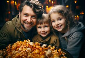 vader met zus dochter en schattig zoon met popcorn voor aan het kijken film in bioscoop theater. familie en kinderen liefde. ai gegenereerd foto