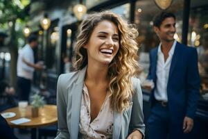 mooi glimlachen Kaukasisch bedrijf vrouw is Holding koffie kop en wandelen met vrienden Aan straat in de stad. ai gegenereerd foto