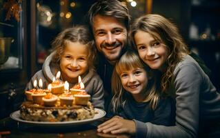 vader en moeder met kinderen dochters baby zijn gelukkig voor taart verjaardag. geluk van familie liefde. ai gegenereerd foto