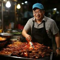 een foto van Aziatisch senior Mens verkoop gegrild kip Bij straat voedsel markt in Bangkok, Thailand generatief ai