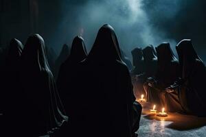 groep van onbekend mensen in de donker met een lit kaars. halloween concept, geheim maatschappij ceremonie, mensen in kappen bidden samen. leden van sekte uitvoeren de ritueel in donker hal, ai gegenereerd foto